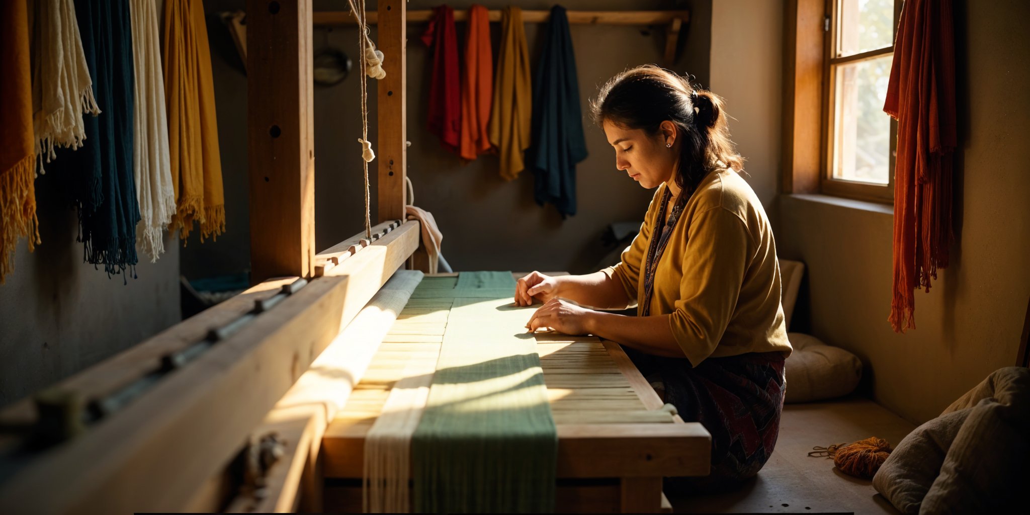 Artisan weaving cashmere on a handloom at Pashmina Studio, Kathmandu