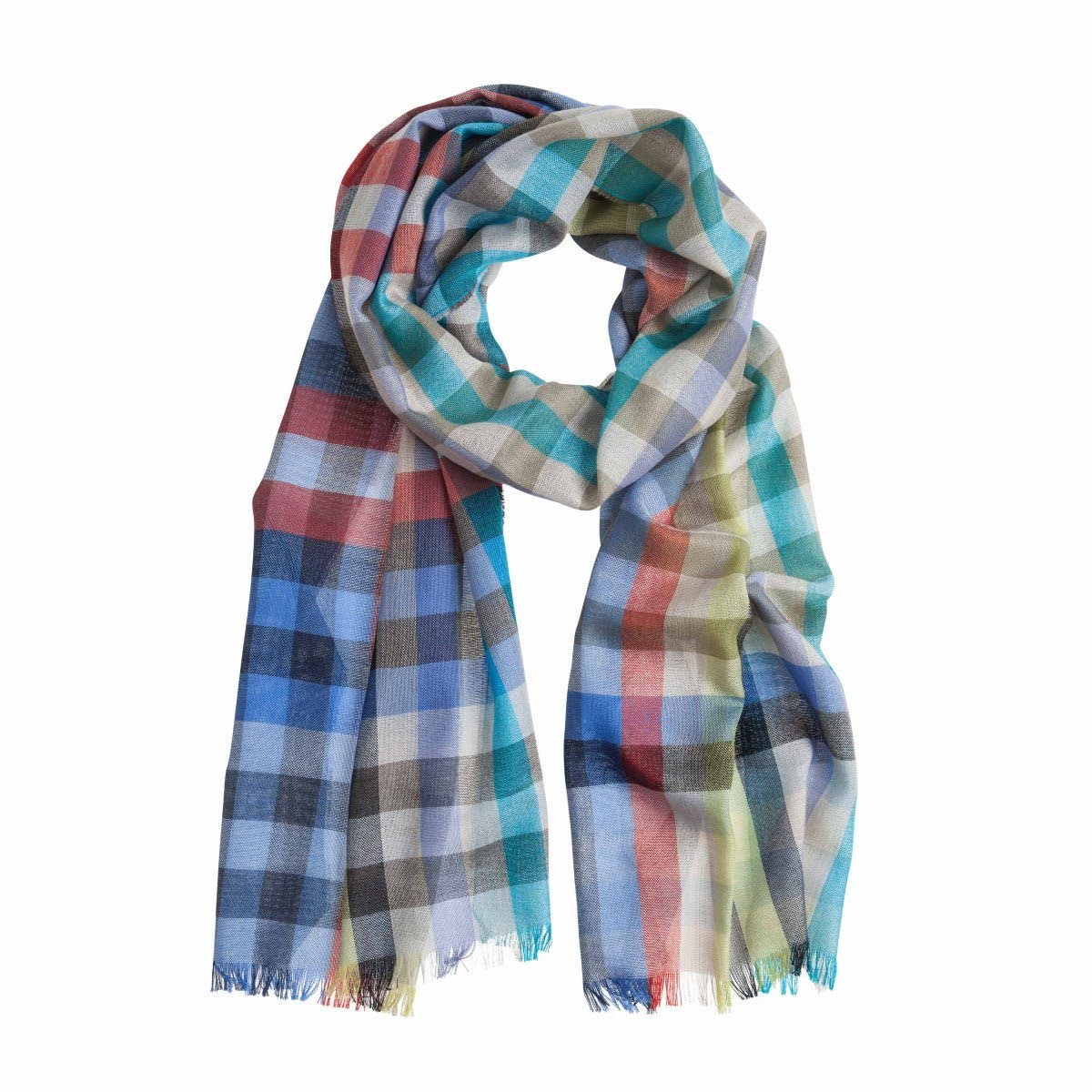 Woven multicolour check cashmere scarf with fringed ends, made by Pashmina Studio