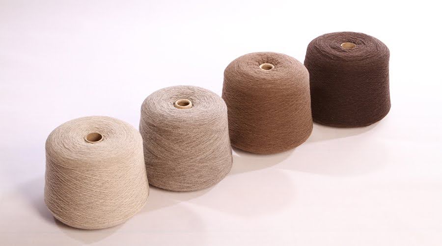 Two cones of natural undyed cashmere yarn in beige and brown